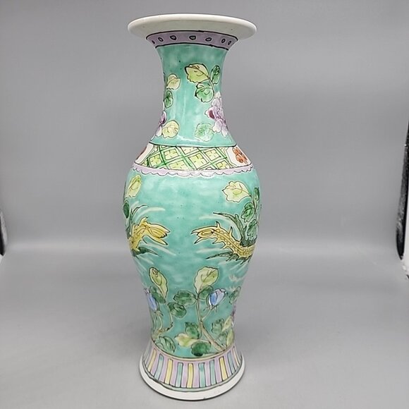 Antique Chinese Enameled & Polychromed Vase Floral Garden Scene with Birds - Picture 5 of 8